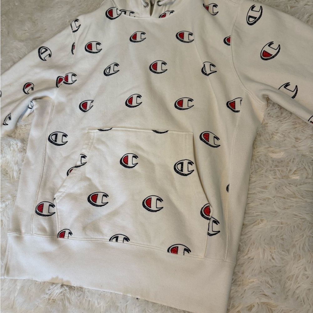 Champion White Sweater with Red and Black Logo Pattern